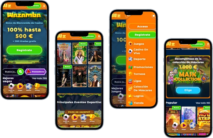 Wazamba Casino aplicación móvil con juegos, promociones y menú